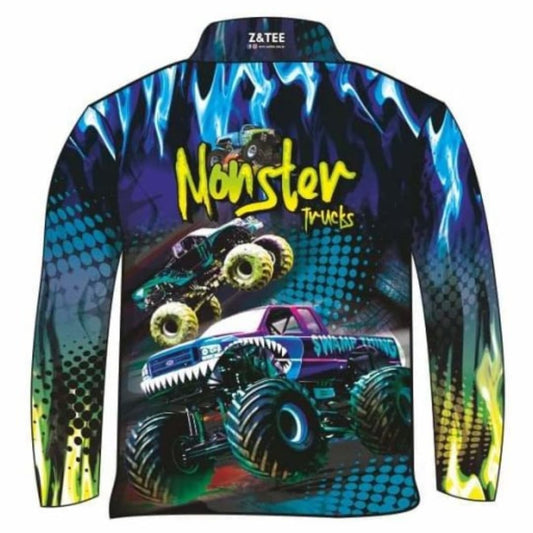 Kids | Monster Truck Blue Fishing Shirt ★Pre-Order★ Z and TEE blue BOYS DESIGNS Complete the Set KIDS monster truck quick dry SUN SAFE UPF yellow