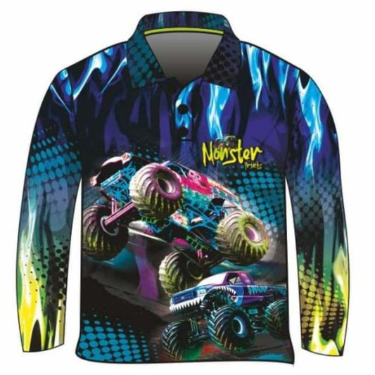 Kids | Monster Truck Blue Fishing Shirt ★Pre-Order★ Z and TEE blue BOYS DESIGNS Complete the Set KIDS monster truck quick dry SUN SAFE UPF yellow