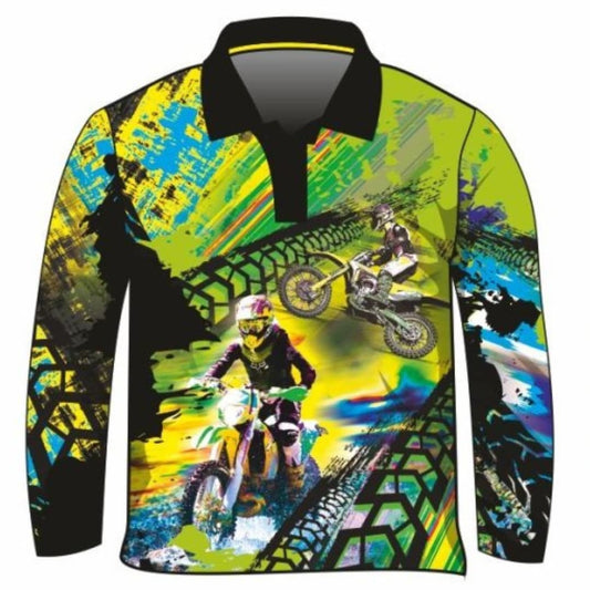 Extreme | Motorbike Green Fishing Shirt ★Pre-Order★ Z and TEE black BOYS DESIGNS green KIDS motorbike offroad quick dry SUN SAFE Tyre tracks UPF xtreme
