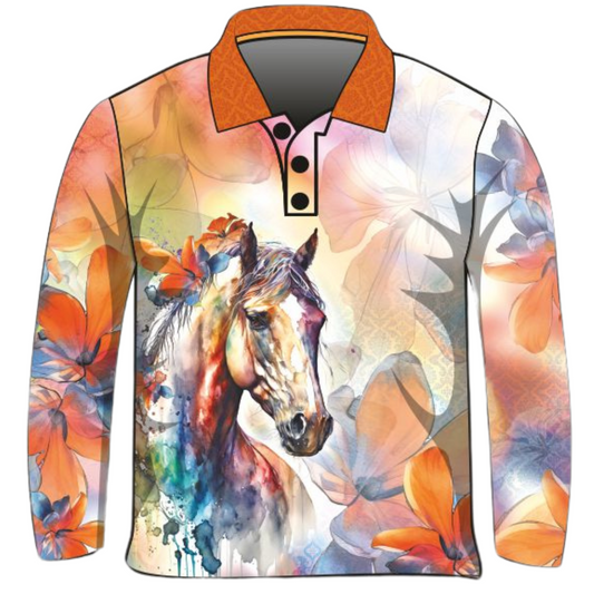 Western | Floral Pony Fishing Shirt ★Pre-Order★ Z and TEE beige Complete the Set COUNTRY WESTERN DESIGNS Dress Set Floral GIRL'S DESIGNS horse KIDS matching dress Matching Shirt Matching shorts New Design orange quick dry SUN SAFE UPF Womens