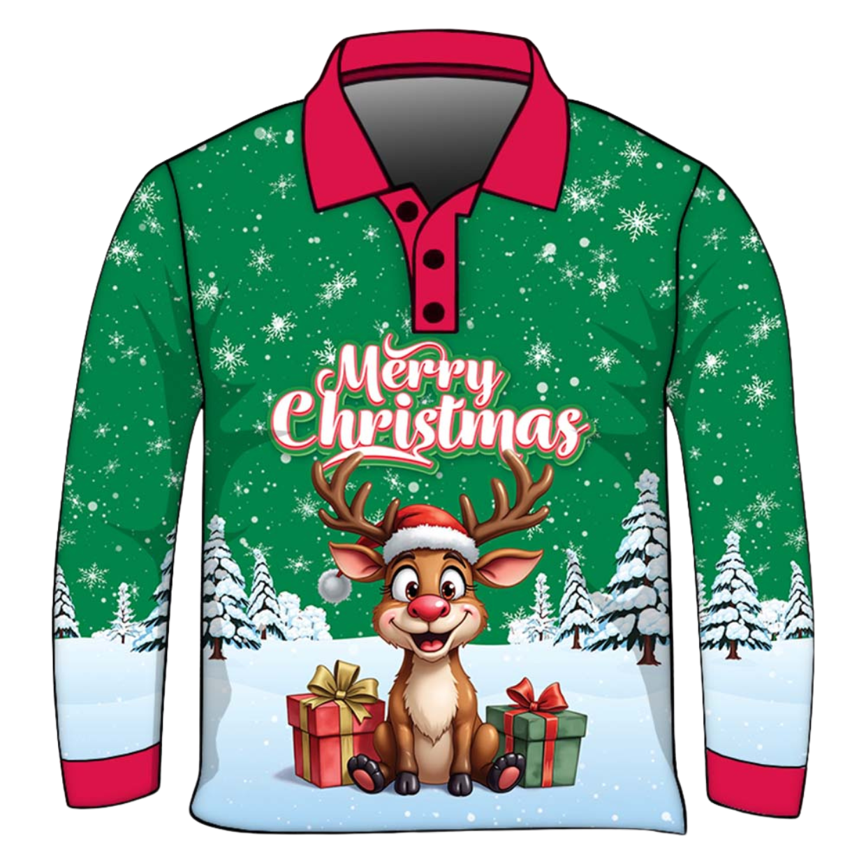 Christmas | Silly Reindeer Ugly Christmas Green Gifts Fishing Shirt ★Pre-Order★ Z and TEE BOYS DESIGNS Christmas Christmas Gift GIRL'S DESIGNS green KIDS MEN'S DESIGNS mens Merry Christmas New Design quick dry red Reindeer Snow flakes SUN SAFE UPF white womens