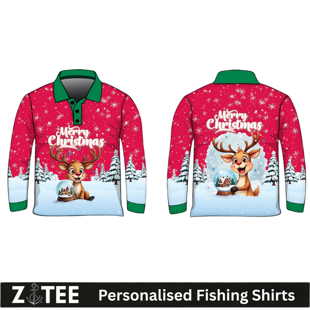 Christmas | Silly Reindeer Ugly Christmas Red Fishing Shirt ★Pre-Order★ Z and TEE BOYS DESIGNS Christmas Christmas Gift GIRL'S DESIGNS green KIDS mens Merry Christmas New Design quick dry red Reindeer Snow flakes SUN SAFE UPF white