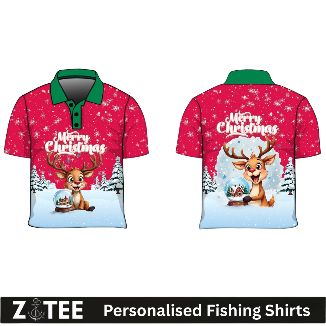 Christmas | Silly Reindeer Ugly Christmas Red Fishing Shirt ★Pre-Order★ Z and TEE BOYS DESIGNS Christmas Christmas Gift GIRL'S DESIGNS green KIDS mens Merry Christmas New Design quick dry red Reindeer Snow flakes SUN SAFE UPF white