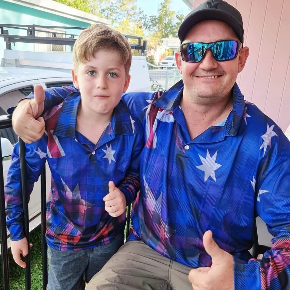 Australian | Flanny Design Aussie Flag Fishing Shirt ★Pre-Order★ Z and TEE Aussie AUSSIE FLAG Australiana BOYS DESIGNS Matching shorts MEN'S DESIGNS mens Navy quick dry red SUN SAFE UPF