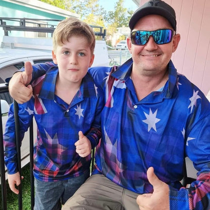 Australian | Flanny Design Aussie Flag Fishing Shirt ★Pre-Order★ Z and TEE Aussie AUSSIE FLAG Australiana BOYS DESIGNS Matching shorts MEN'S DESIGNS mens Navy quick dry red SUN SAFE UPF