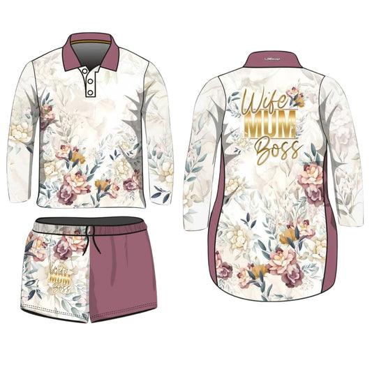 Womens | Wife Mum Boss Marble Floral Lifestyle Fishing Dress ★Pre-Order★ Z and TEE Beach Dress Complete the Set Floral Matching Shirt Matching shorts mum boss POCKETS quick dry rose gold Shirt Set SUN SAFE UPF white wife WOMEN'S DESIGNS