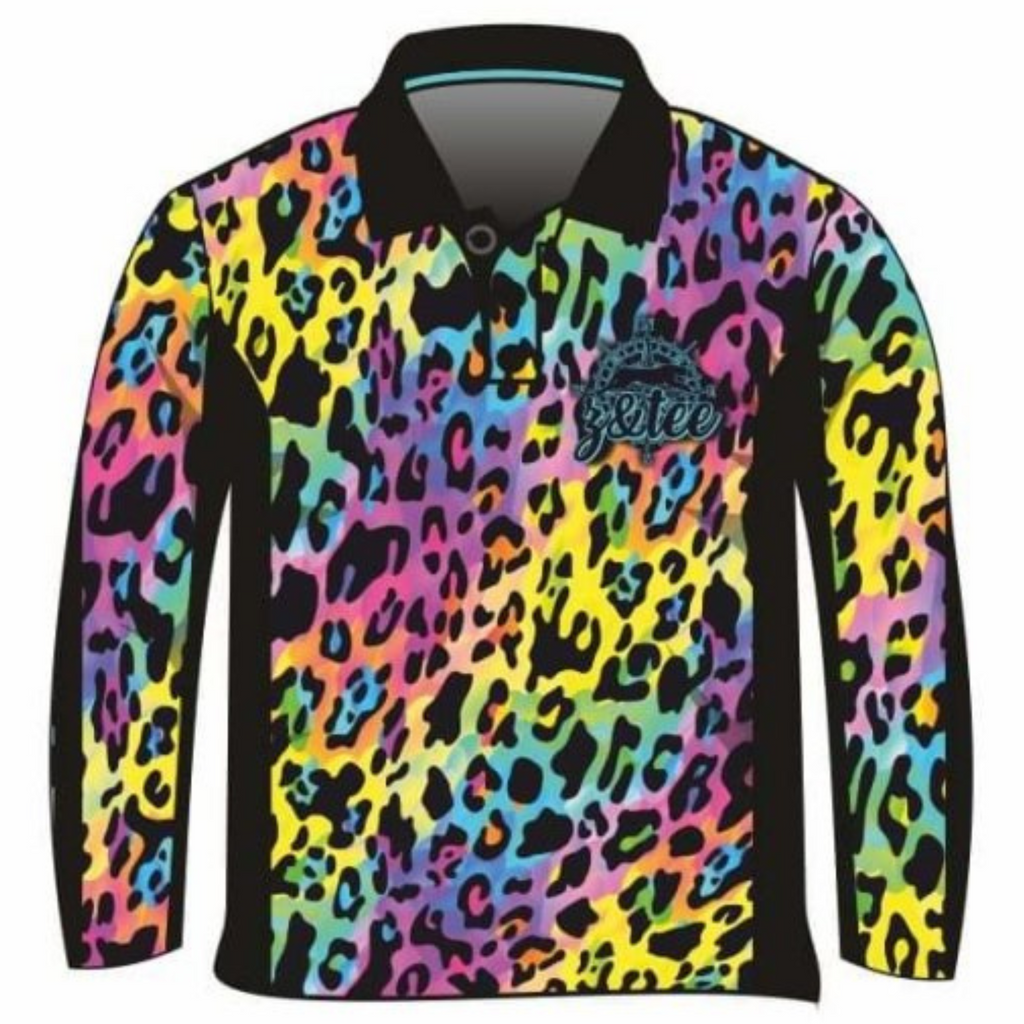 ★Pre-Order★ Leopard Print | Wild Side Electric Rainbow Leopard Shirt Long or Short Sleeve Z and TEE animal print bright camping colourful fishing GIRLS DESIGNS leopard leopard print LJM Preorder quick dry rainbow spo-default spo-disabled sun sun shirt sun shirts sunsafe uv Women WOMEN'S DESIGNS Women's Fishing Women's Fishing Shirt womens