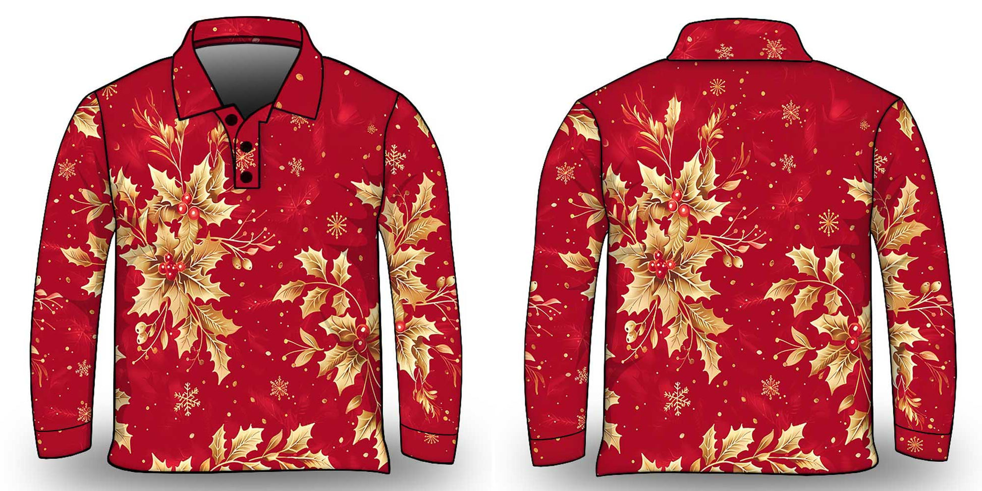 Christmas | Golden Boughs of Holly Fishing Shirt ★Pre-Order★ Z and TEE Christmas gold holly New Design quick dry red Snow flakes SUN SAFE UPF womens