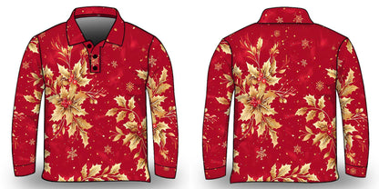 Christmas | Golden Boughs of Holly Fishing Shirt ★Pre-Order★ Z and TEE Christmas gold holly New Design quick dry red Snow flakes SUN SAFE UPF womens