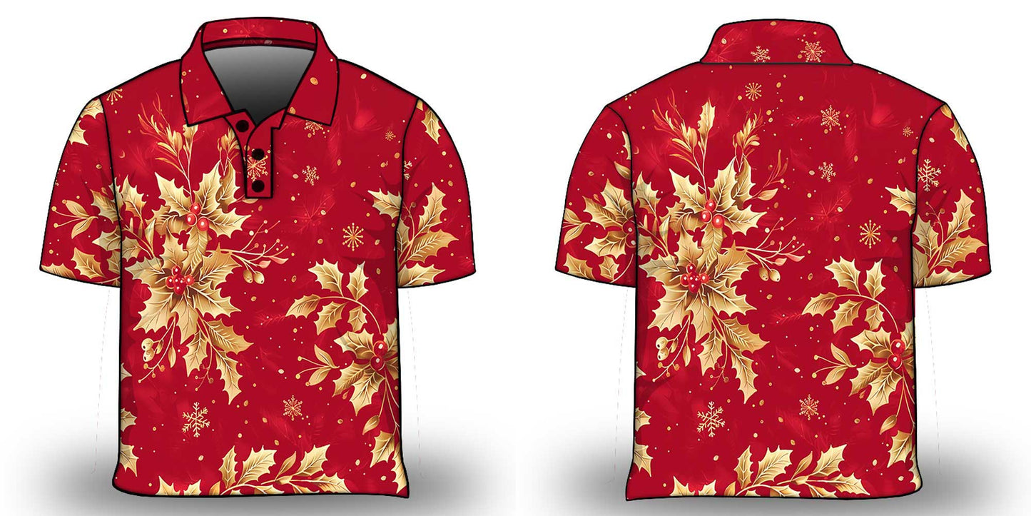 Christmas | Golden Boughs of Holly Fishing Shirt ★Pre-Order★ Z and TEE Christmas gold holly New Design quick dry red Snow flakes SUN SAFE UPF womens