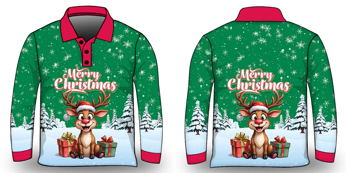 Christmas | Silly Reindeer Ugly Christmas Green Gifts Fishing Shirt ★Pre-Order★ Z and TEE BOYS DESIGNS Christmas Christmas Gift GIRL'S DESIGNS green KIDS MEN'S DESIGNS mens Merry Christmas New Design quick dry red Reindeer Snow flakes SUN SAFE UPF white womens