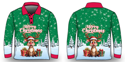 Christmas | Silly Reindeer Ugly Christmas Green Gifts Fishing Shirt ★Pre-Order★ Z and TEE BOYS DESIGNS Christmas Christmas Gift GIRL'S DESIGNS green KIDS MEN'S DESIGNS mens Merry Christmas New Design quick dry red Reindeer Snow flakes SUN SAFE UPF white womens