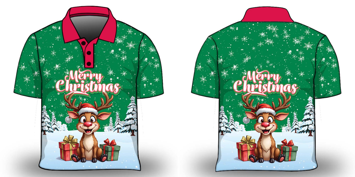 Christmas | Silly Reindeer Ugly Christmas Green Gifts Fishing Shirt ★Pre-Order★ Z and TEE BOYS DESIGNS Christmas Christmas Gift GIRL'S DESIGNS green KIDS MEN'S DESIGNS mens Merry Christmas New Design quick dry red Reindeer Snow flakes SUN SAFE UPF white womens