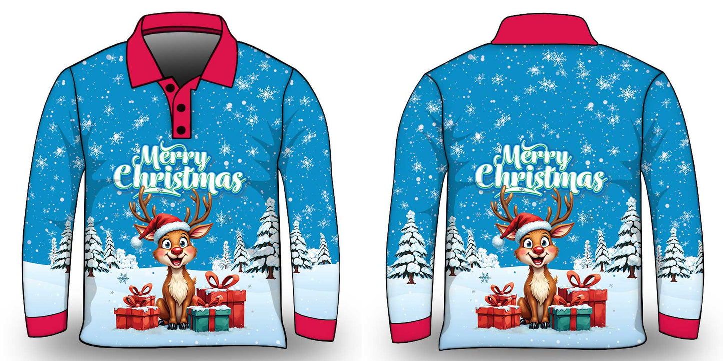 Christmas | Silly Reindeer Ugly Christmas Blue Gifts Fishing Shirt - Arrives before Christmas