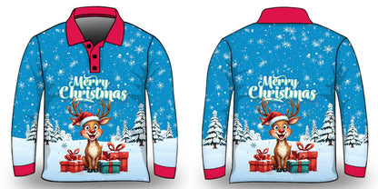 Christmas | Silly Reindeer Ugly Christmas Blue Gifts Fishing Shirt - Arrives before Christmas