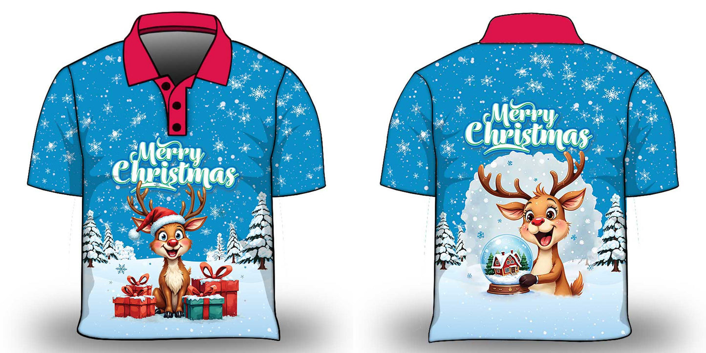 Christmas | Silly Reindeer Ugly Christmas Blue Globe Fishing Shirt - Arrives before Christmas