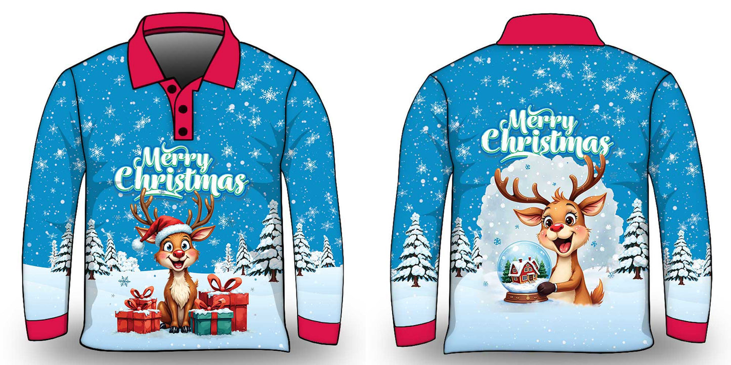 Christmas | Silly Reindeer Ugly Christmas Blue Globe Fishing Shirt - Arrives before Christmas