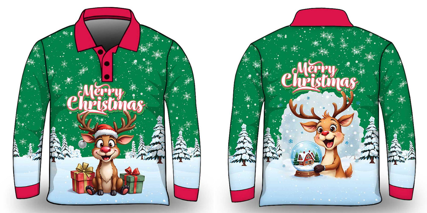 Christmas | Silly Reindeer Ugly Christmas Green Globe Fishing Shirt - Arrives before Christmas