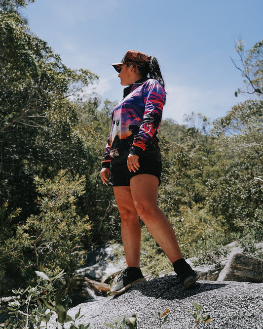 Australian | Camping Pink Fishing Shirt ★Pre-Order★ Z and TEE Aussie Aussie Map Australian animals Australiana CAMPING AND CARAVAN DESIGNS Complete the Set GIRL'S DESIGNS Matching shorts outback pink quick dry SUN SAFE UPF windmill womens