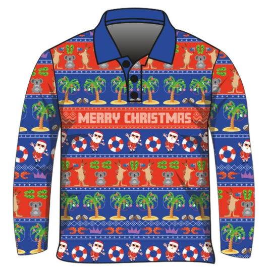 Christmas | Australiana Ugly Christmas Blue Fishing Shirt - In Stock Z and TEE Aussie Australian Australiana Christmas Christmas design Christmas Gift Father Christmas Festive Fun in stock kangaroo koala Matching Singlet Merry Christmas quick dry Summer SUN SAFE Tropical Ugly Christmas sweater UPF