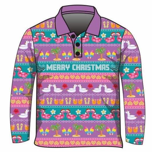 Christmas | Fa La La Mingo Ugly Christmas Fishing Shirt - In Stock Z and TEE Christmas Christmas design Christmas Gift Festive Flamingoes In Stock matching dress Matching Singlet Merry Christmas pink purple quick dry Summer SUN SAFE Tropical Ugly Christmas sweater Unicorns UPF
