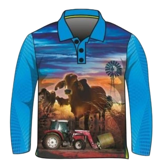 Kids | Little Farmer Blue Fishing Shirt ★Pre-Order★ Z and TEE Australian blue BOYS DESIGNS cattle Complete the Set country COUNTRY WESTERN DESIGNS farm farmer KIDS outback quick dry SUN SAFE tractor UPF western windmill