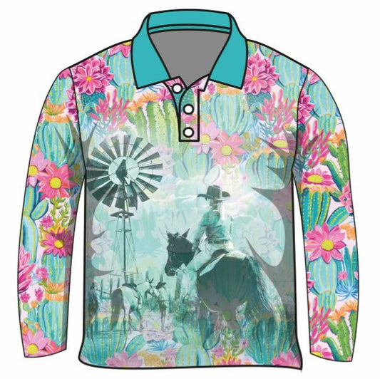 Western | Cowgirl Cactus Fishing Shirt ★Pre-Order★ Z and TEE cactus Complete the Set COUNTRY WESTERN DESIGNS cowgirl Dress Set Floral GIRL'S DESIGNS horses KIDS matching dress pink quick dry Ranch SUN SAFE Teal UPF windmill WOMEN'S DESIGNS womens