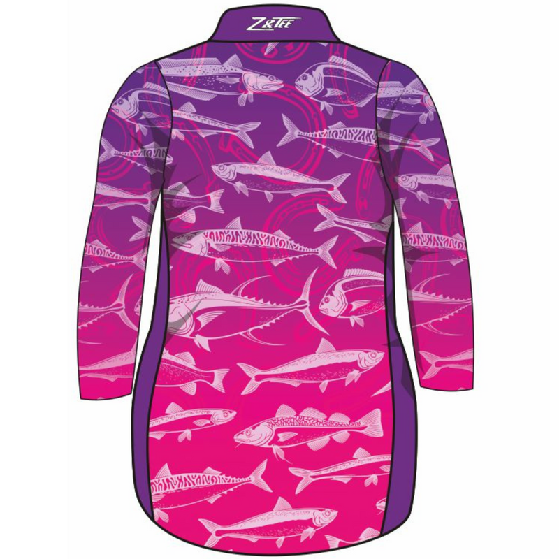 ★Pre-Order★ Fishing | Lucky Pattern Purple Pink Fishing Dress Long or Short Sleeve Z and TEE competition FISH FISH DESIGNS FISHING fishing dress MATCHING matching dress PATTERN AND PLAIN DESIGNS PERSONALISED POCKETS Preorder reef reef fish