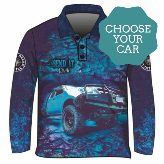 4x4 | Send It 4x4 Blue Fishing Shirt (Isuzu) Z and TEE 4x4 4X4 DESIGNS blue BOYS DESIGNS Choose your car Compass KIDS Living the Dream Matching shorts MEN'S DESIGNS mens quick dry Send it SUN SAFE UPF