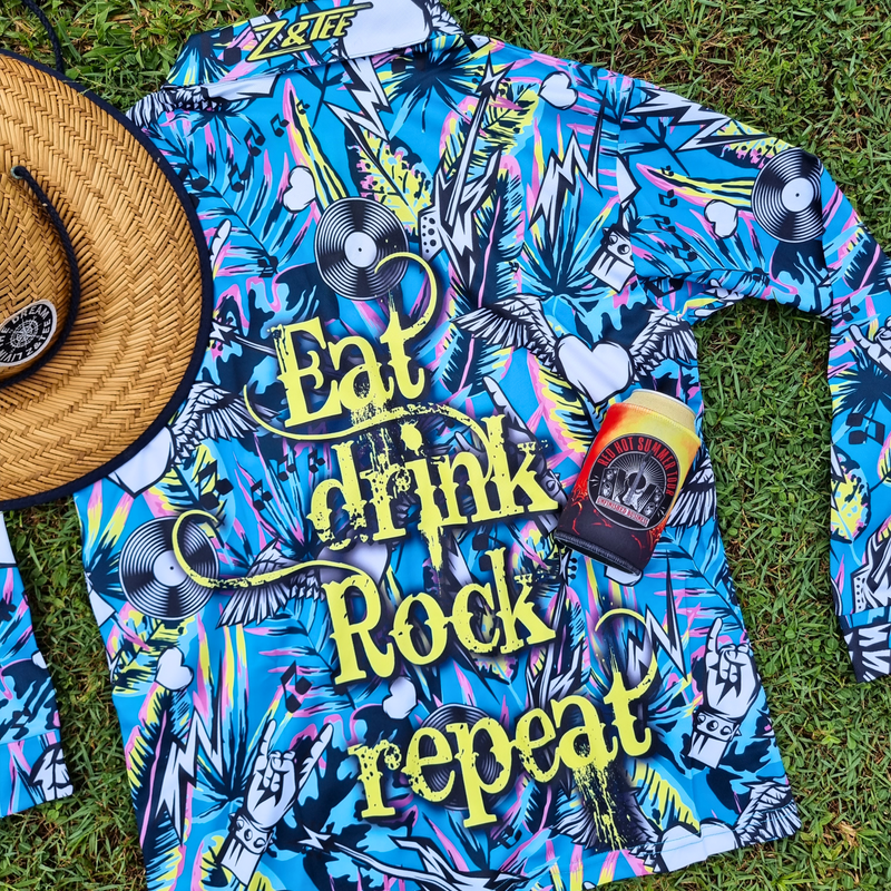 ★Pre-Order★ Music | Eat Drink Rock Repeat Blue Long Sleeve Shirt Z and TEE boys camping FISHING HIM ALL LJM men mens Preorder quick dry spo-default spo-disabled sun sun shirt sun shirts sunsafe SWIMMING uv z&tee