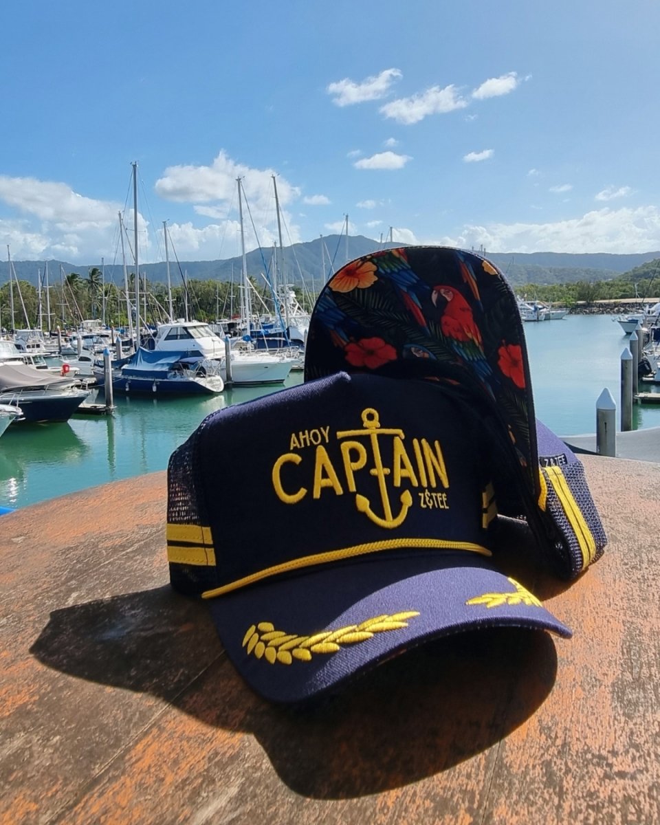 Ahoy Captain Parrot Adults Trucker Hat Country Trucker Caps Aussie boxingday Country Trucker DAD HAT Hawaiian HIM ALL In Stock spo-default spo-disabled Tropical Trucker