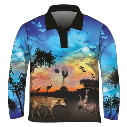 Australian | Camping Blue Fishing Shirt ★Pre-Order★ Z and TEE Aussie Aussie Map Australian animals Australiana blue BOYS DESIGNS Camp Fire camping CAMPING AND CARAVAN DESIGNS Complete the Set Matching shorts MEN'S DESIGNS mens outback quick dry SUN SAFE Sunset UPF windmill