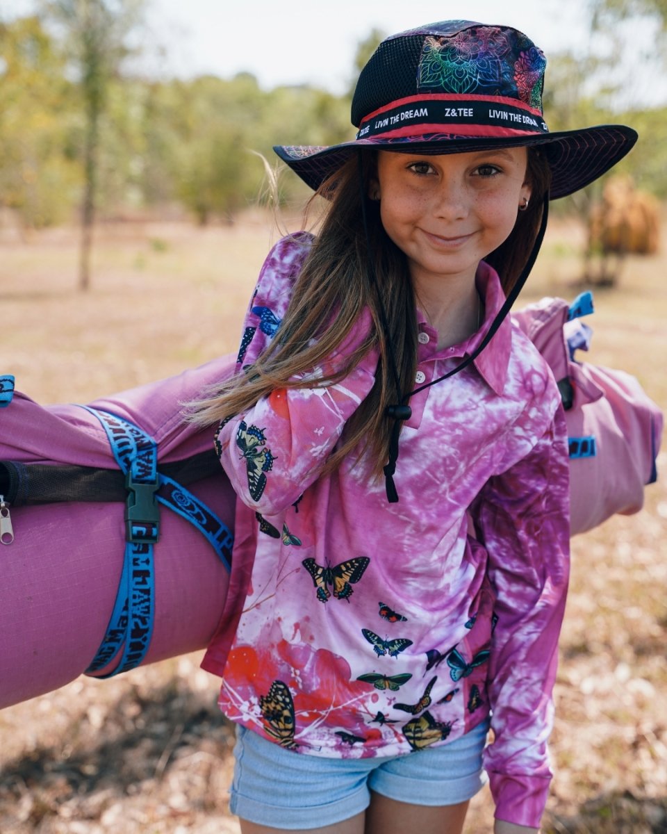 Kids | Pink Butterfly Tie Dye Fishing Shirt ★Pre-Order★ Z and TEE Butterflies GIRL'S DESIGNS KIDS pink quick dry SUN SAFE Tie Dye UPF white