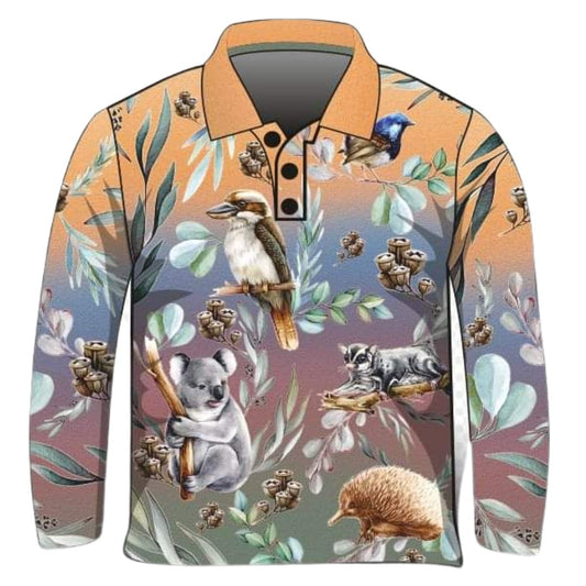 Australian | Gumnut Fauna Fishing Shirt ★Pre-Order★ Z and TEE Aussie Australian animals Australiana COUNTRY WESTERN DESIGNS Floral KIDS Kookaburra Multi Colour quick dry SUN SAFE UPF WOMEN'S DESIGNS womens